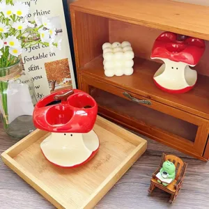 Apfelkern Keramik Zahnbürstenhalter Detailansicht, süßes Badezimmer Organizer Deko Display.