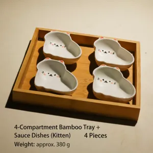 Cute cat ceramic sauce dish set with bamboo wooden tray for home kitchen dining table.