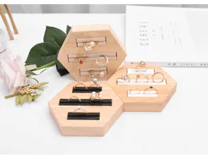Solid wood hexagonal ring display stand jewelry holder organizer for retail store showcase.