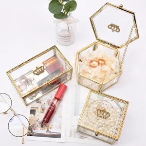 Retro Brass Glass Mirrored Jewelry Box Crown Storage Organizer Vintage Decorative Display Case For Trinket Home Decor