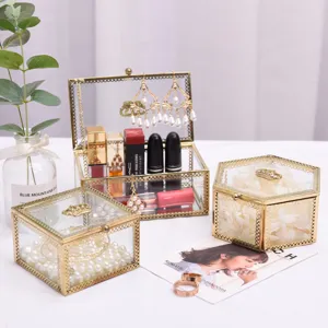 Vintage Gold Glass Jewelry Box Brass Geometric Ornate Storage Organizer Display Case