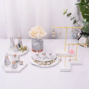 Nordic Marble Pattern Jewelry Display Stand Resin And Metal Necklace Earring Ring Storage Organizer Holder Tray