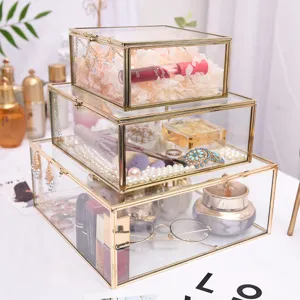 Nordic Retro Glass Jewelry Storage Box Brass Framed Transparent Display Tray Desktop Organizer For Home Decor