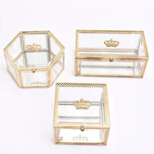Vintage gold crown glass jewelry box desktop mirror storage container set for home decor