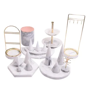 Nordic marble texture jewelry display stand set, ring cone necklace earring organizer.