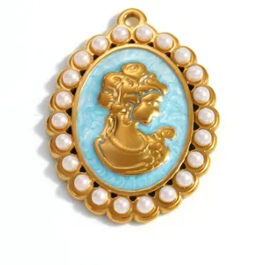 Macro detail of a vintage-style gold-plated cameo pendant with blue enamel and pearls