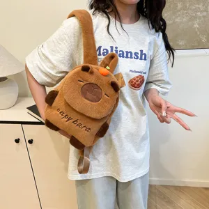 Cute capybara plush backpack brown fuzzy animal daypack soft school bag for kids girls