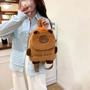 Cute cartoon capybara plush backpack for kids, fluffy brown school bag with orange decor.