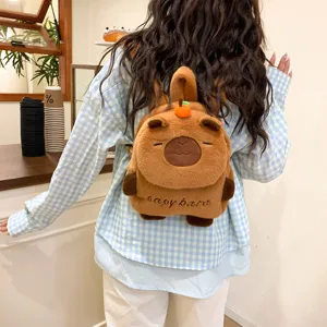 Cute capybara plush backpack for kids and students, soft stuffed animal daypack with orange.