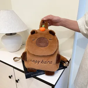 Cute brown capybara plush backpack for kids, soft animal cartoon shoulder bag with orange.