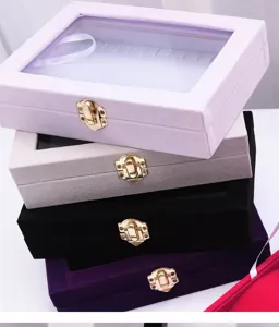 Fluwelen sieradendoos met glazen deksel, draagbare opberger voor kettingen en armbanden.