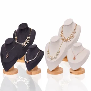 Présentoir de Collier en Bois Massif et Flanelle Mannequin Support de Bijoux de Cou Vitrine Organisateur