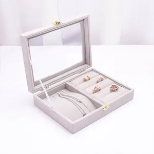 Graue Samt Schmuckschatulle mit Glasdeckel Ring Organizer Aufbewahrungsbox Vitrine neu