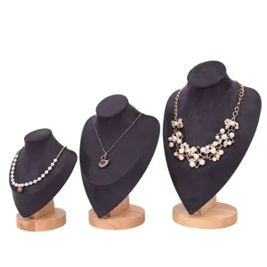 Présentoir de collier en bois massif ensemble de buste de bijoux en velours pour vitrine.