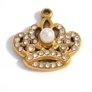 Detailed view of 18K gold plated stainless steel crown pendant with pearl and crystal