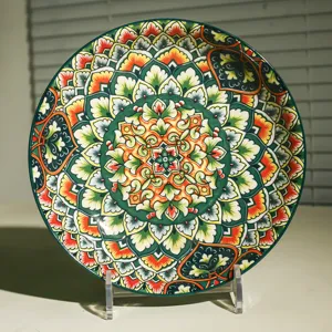 8 inch ceramic deep soup plate with bohemian mandala floral pattern, underglaze kitchen dish