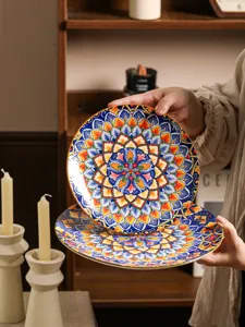 Keramik Speiseteller boho Blumen Mandala Muster Steak Dessert Teller Detailansicht.