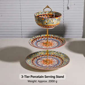 Frutero de cerámica de 3 niveles soporte para postres con asa de metal y diseño bohemio.