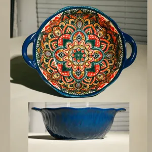 Böhmische Keramik Doppelohr Suppenschüssel 9 Zoll Mandala Muster Blaue Küche Geschirr