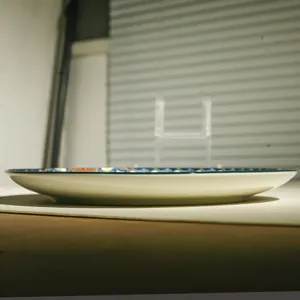 Ceramic steak plate side view, 10-inch shallow dinner dish with bohemian pattern rim for table.