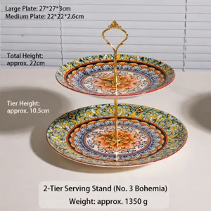 Soporte de pastel de cerámica bohemia de 2 niveles bandeja de fruta para postre