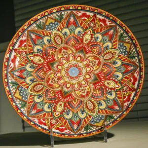 Close-up of a ceramic plate featuring vibrant bohemian mandala design with rich multicolored details.