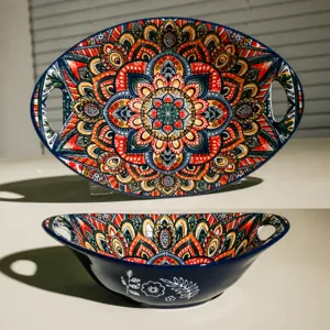 Bohemian 9-inch ceramic oval double-ear bowl, vibrant mandala pattern, salad fruit dish.