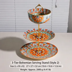Frutero y soporte para postres de cerámica de 3 niveles con vibrantes diseños bohemios dorados.