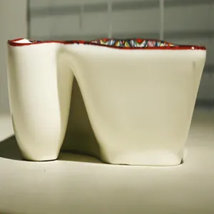 Keramik-Dumpling-Teller-Detail mit geteiltem Essigfach und rotem böhmischen Rand.