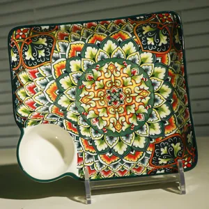 Keramik Knödelplatte mit Soßenschale, bohemisches Mandala Muster quadratische Servierplatte.