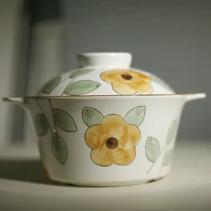 Keramische Soepkom Met Deksel Dubbele Oren Grote Soeppot Onderglazuur Bloem Leuke Stijl Thuis Keuken Servies