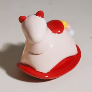 Ceramic rocking horse toothpick holder and fruit fork jar cute dopamine home decor figurine.