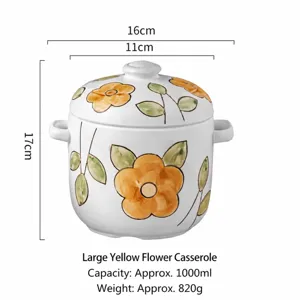 Ceramic stew pot with lid, 1000ml capacity, hand-painted yellow flower design, 16x17cm