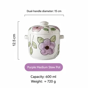 Ceramic stew pot detail showing dimensions, capacity, and purple floral design.