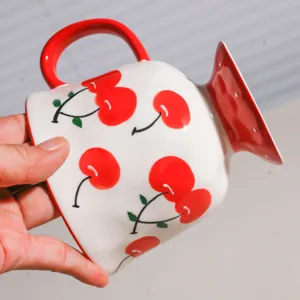 Keramik Kaffeetasse mit Kirschmotiv, groesse Keramik Fruehstueckstasse fuer Milch oder Muesli.
