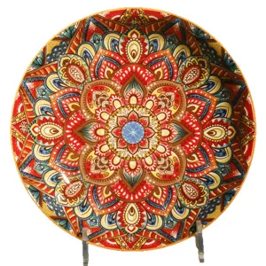8 inch ceramic deep soup plate with bohemian mandala pattern, colorful glaze tableware