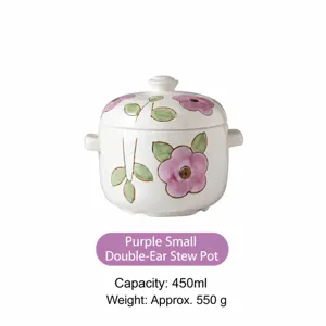 Ceramic stew pot detail view, hand-painted floral pattern, double handles, compact size.