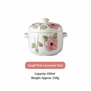 Pink ceramic stew pot with lid, double ears, 450ml capacity, 13cm diameter, floral design.