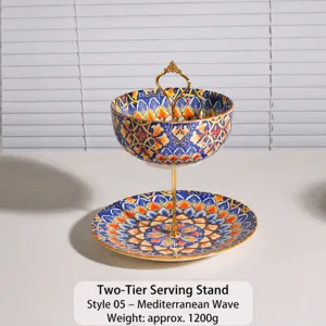 frutero de ceramica de 2 niveles soporte de postre estilo bohemio con mango dorado