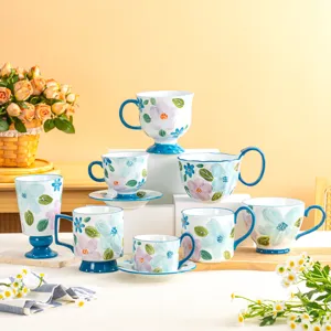 Hand Painted Ceramic Coffee Mug Cute Floral Water Cup Vintage Teacup With Saucer Handle Home Office Drinkware Gift