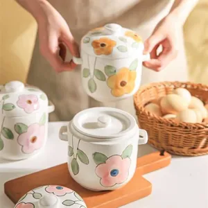 Ceramic stew pot with lid, hand-painted floral design, double-eared soup bowl for home use.