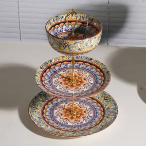 Frutero y soporte para postres de cerámica de 3 niveles con diseño floral bohemio y varilla.