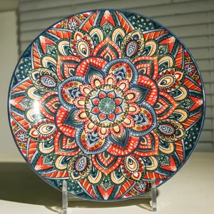 Bohemian ceramic dinner plate 10-inch steak plate decorative mandala serving dish.
