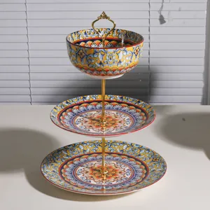 Frutero de cerámica de 3 niveles estilo bohemio soporte para postres y pasteles