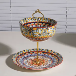 Frutero de cerámica bohemio de dos niveles soporte para pasteles mango de metal dorado