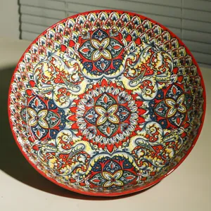 Detailed view of a 10-inch ceramic soup bowl featuring vibrant bohemian multicolored patterns.