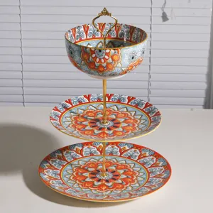 Frutero de cerámica de 3 niveles soporte para postres estilo bohemio con asa dorada.