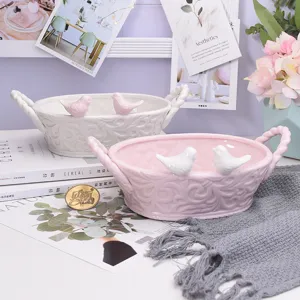 Keramisch Vogel Mand Opbergdienblad Noorse Stijl Wit Roze Decoratieve Sieradenschaal Ring Organizer Badkamerschaal