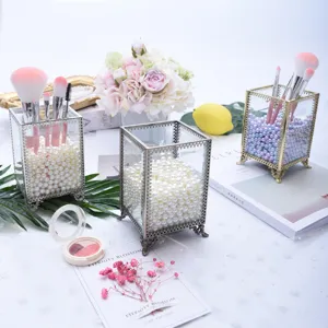 Porta pennelli da trucco in vetro geometrico scatola portaoggetti cosmetica con perle.
