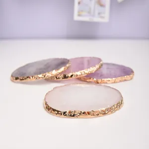 Main image of resin imitation agate jewelry display coasters with electroplated gold rims.